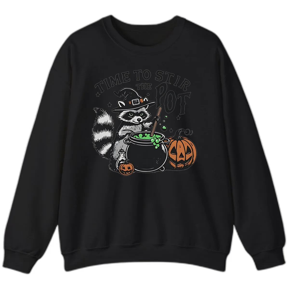 Raccoon Stirring Up Halloween Trouble Sweatshirt in Black