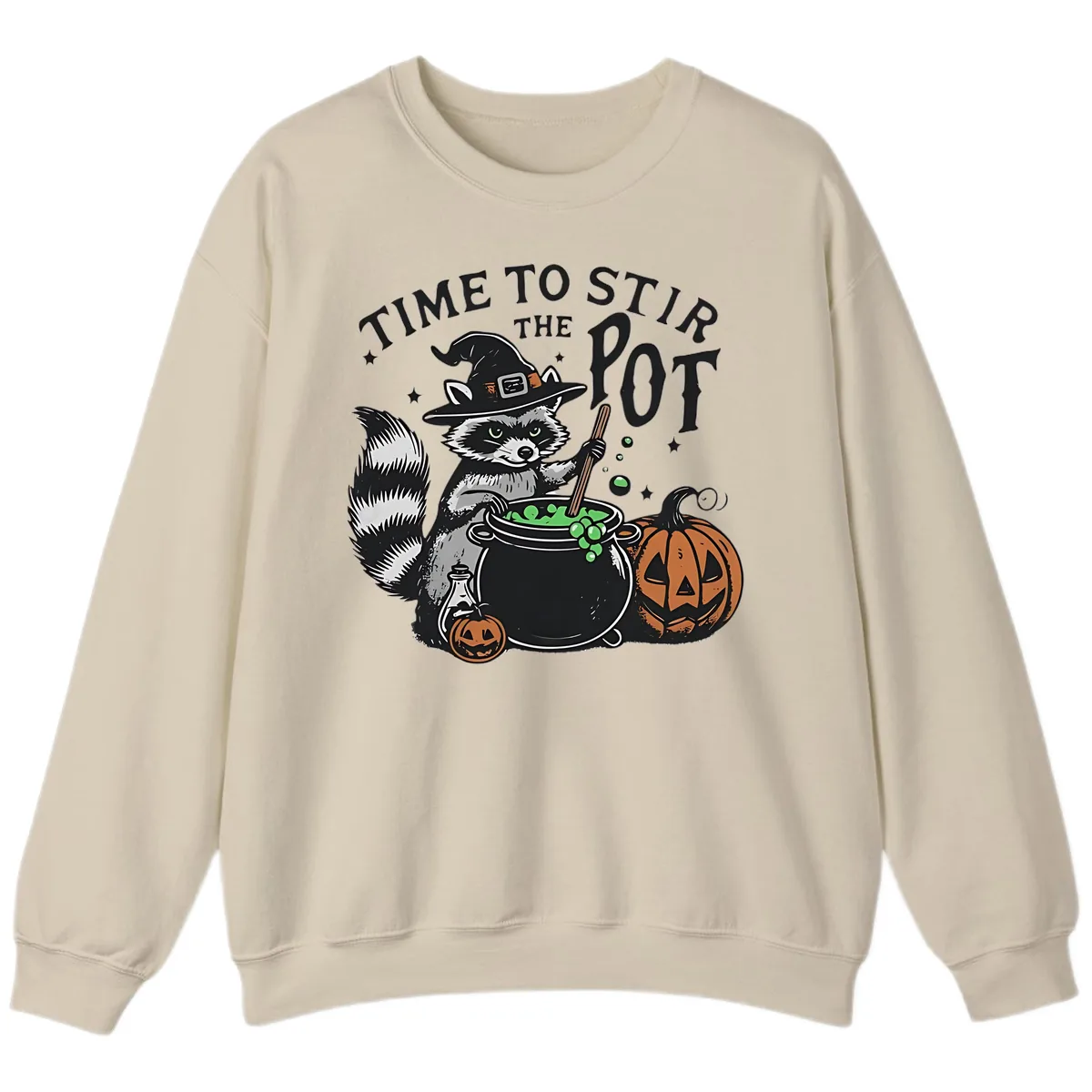 Raccoon Stirring Up Halloween Trouble Sweatshirt in Sand
