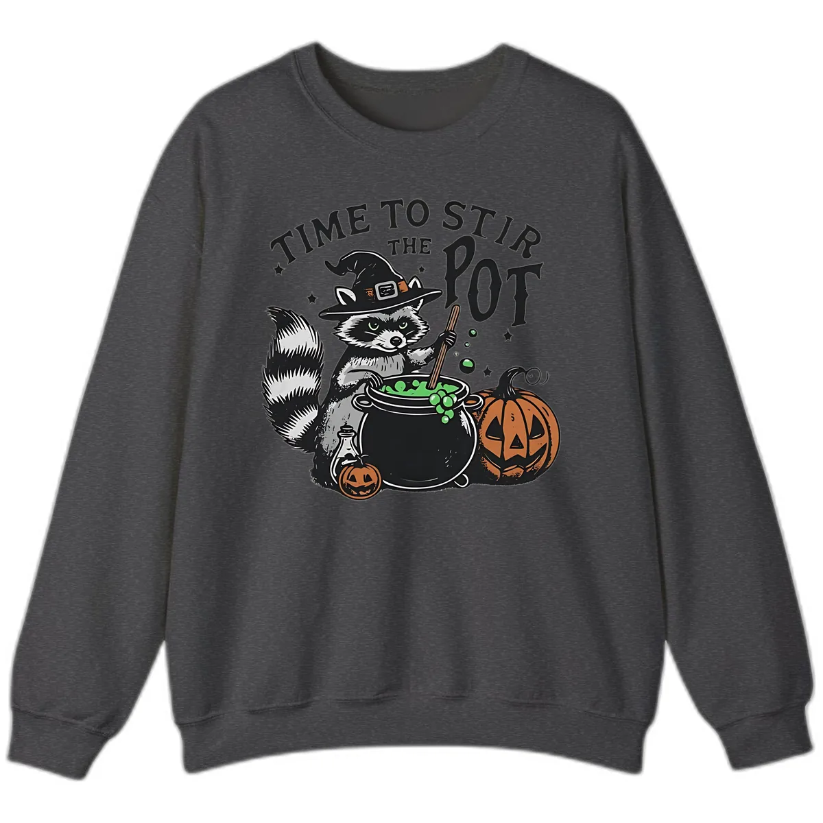 Raccoon Stirring Up Halloween Trouble Sweatshirt in Dark Heather