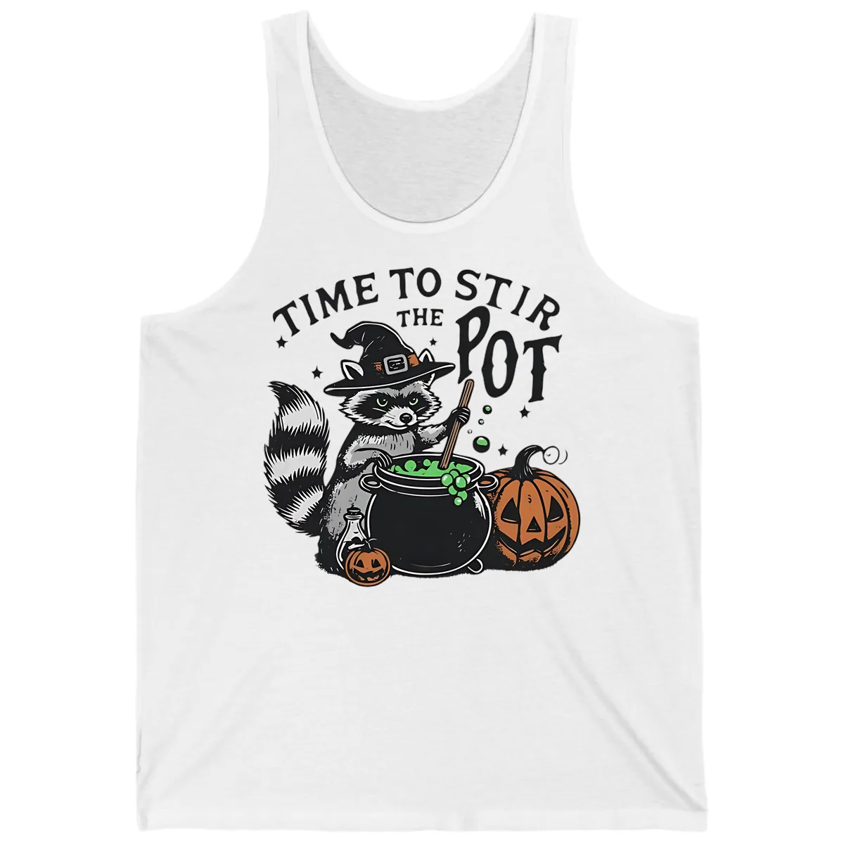 Raccoon Stirring Up Halloween Trouble Tank in White