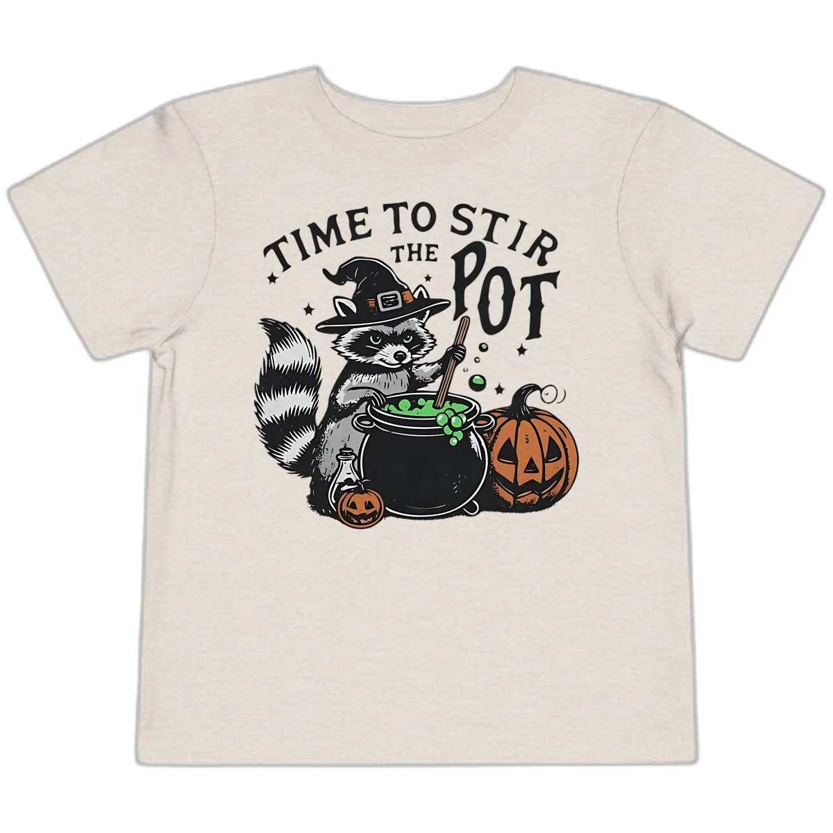 Raccoon Stirring Up Halloween Trouble Toddler T-Shirt in Heather Dust