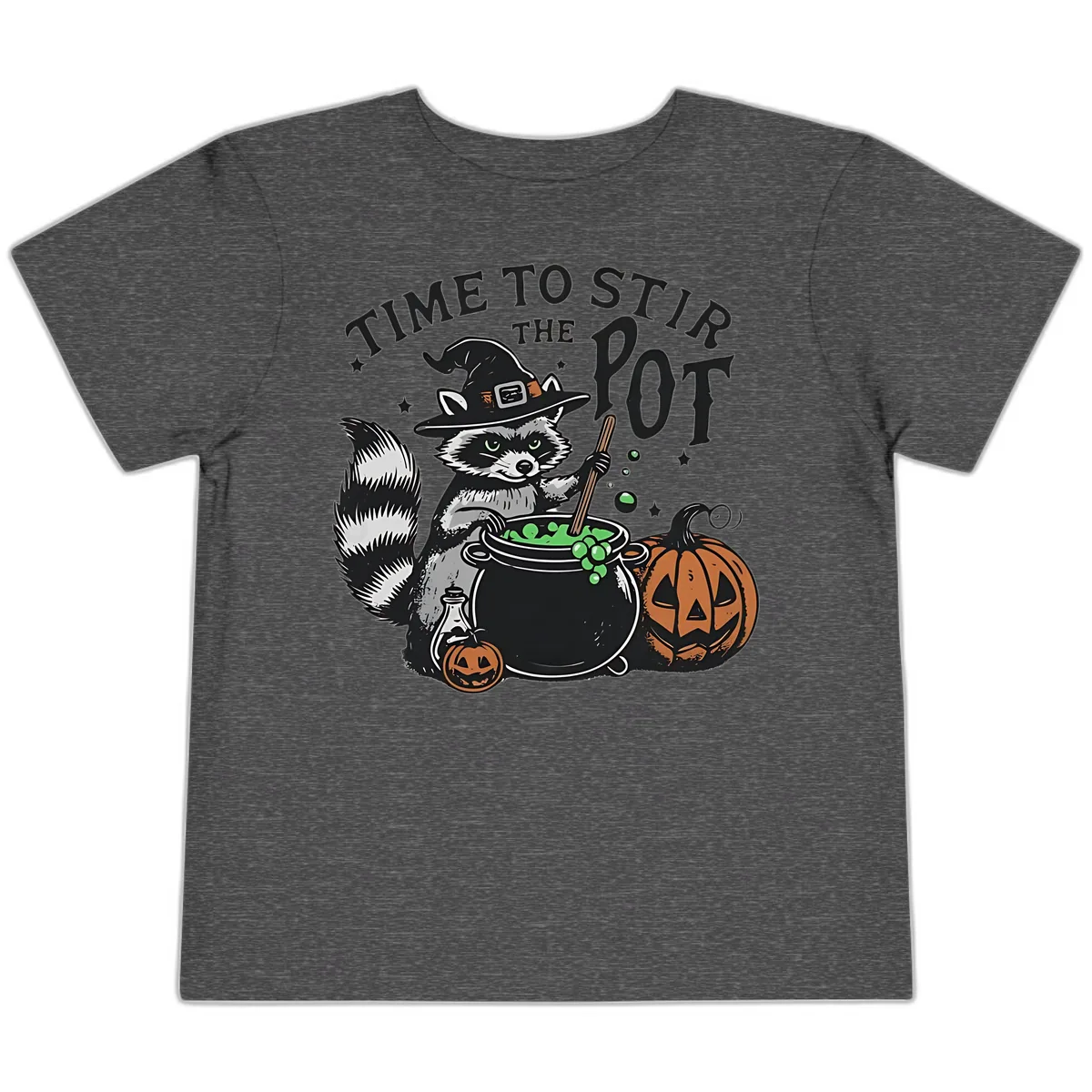 Raccoon Stirring Up Halloween Trouble Toddler T-Shirt in Dark Heather Grey