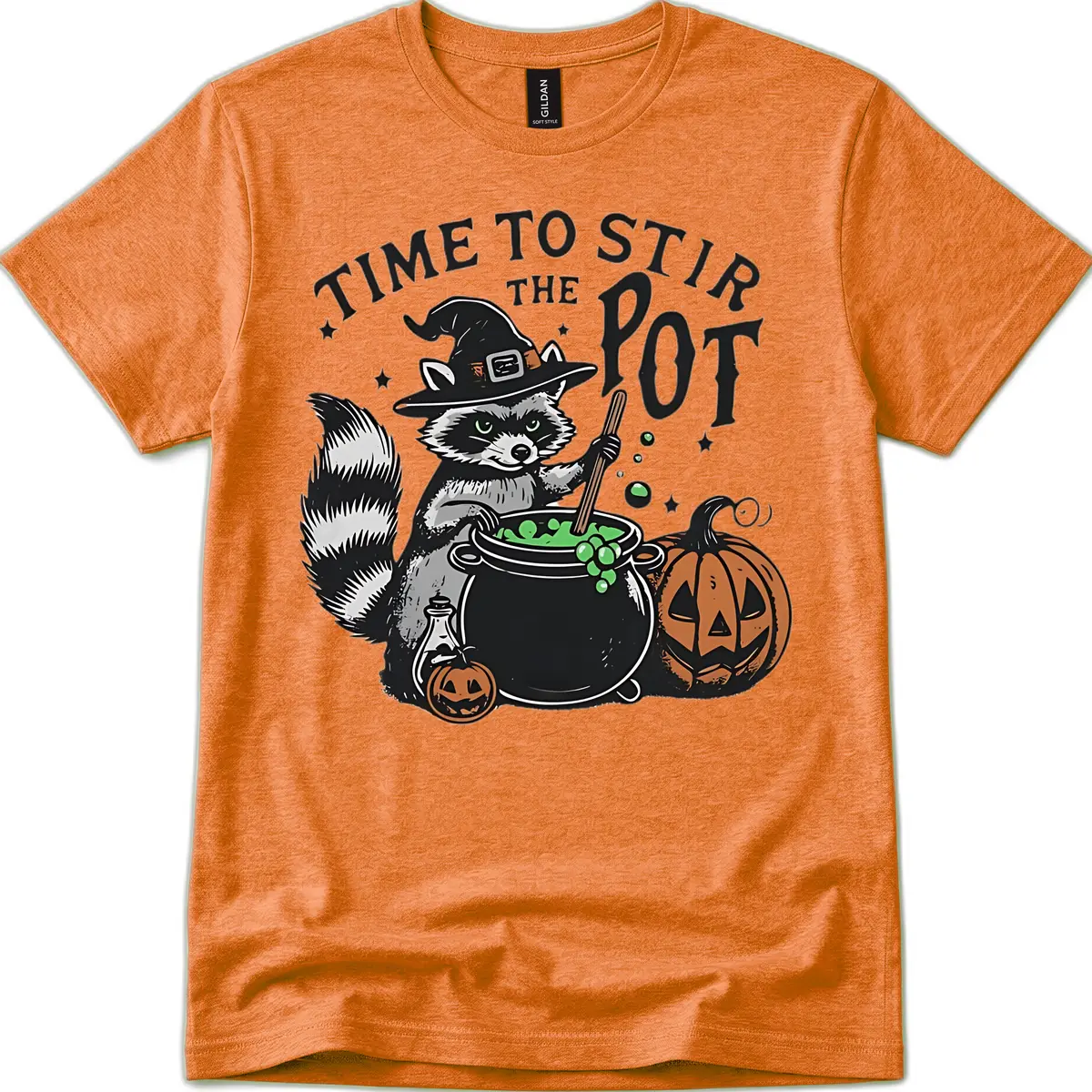 Raccoon Stirring Up Halloween Trouble T-Shirt in Heather Orange