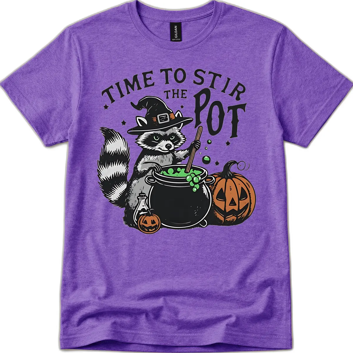 Raccoon Stirring Up Halloween Trouble T-Shirt in Heather Purple