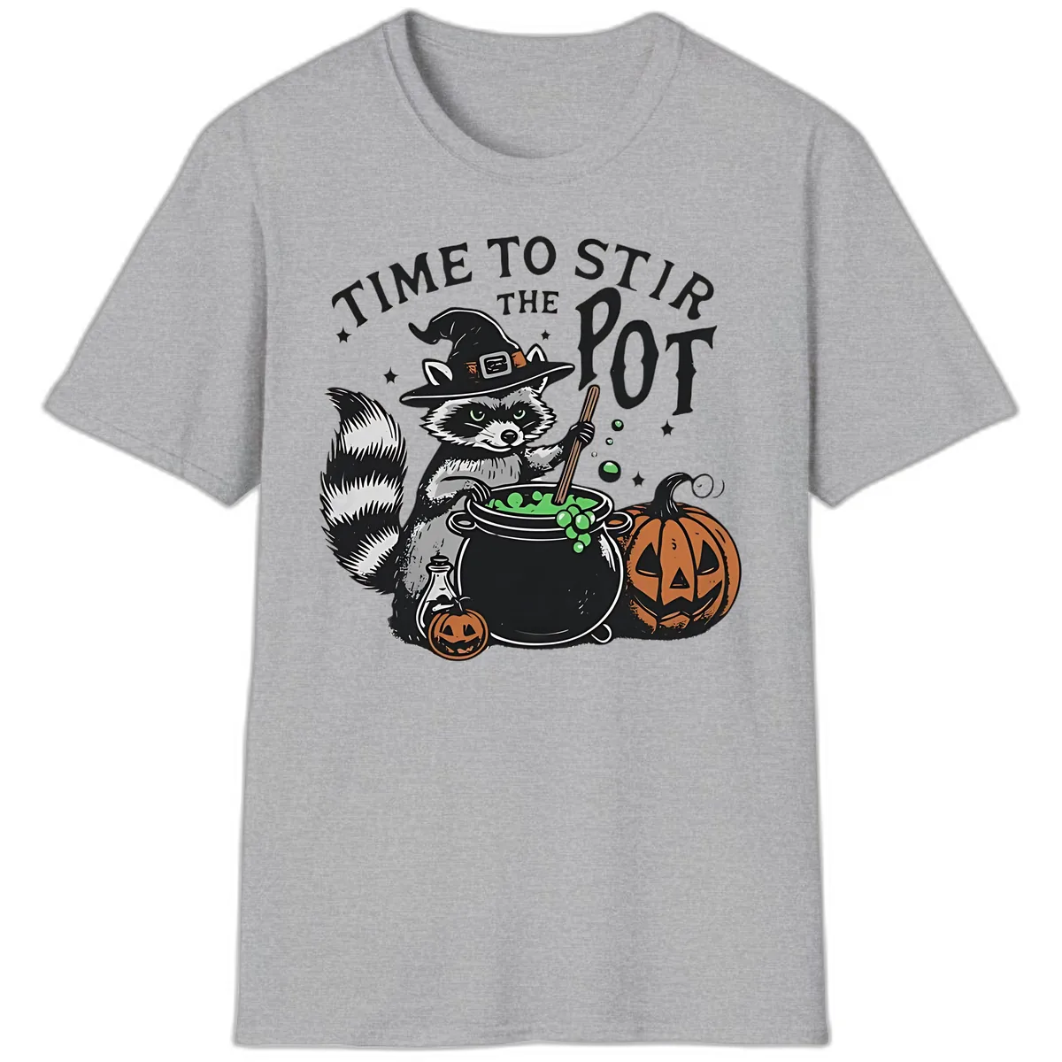 Raccoon Stirring Up Halloween Trouble T-Shirt in Sport Grey