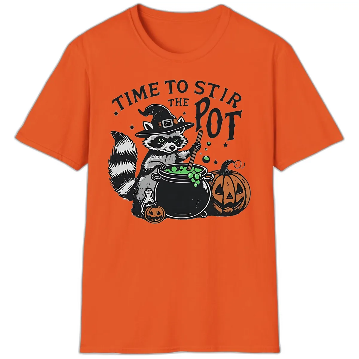 Raccoon Stirring Up Halloween Trouble T-Shirt in Orange