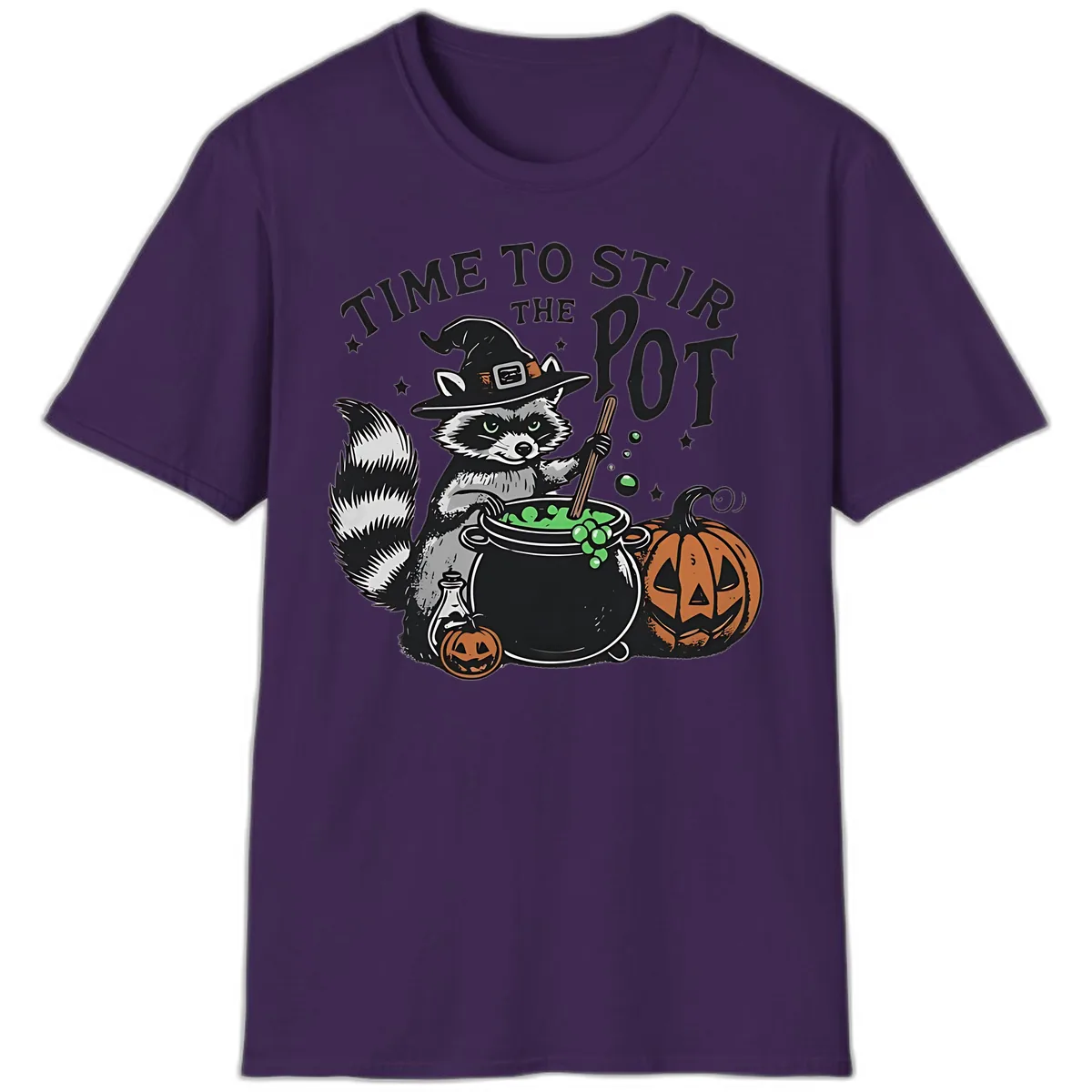 Raccoon Stirring Up Halloween Trouble T-Shirt in Purple