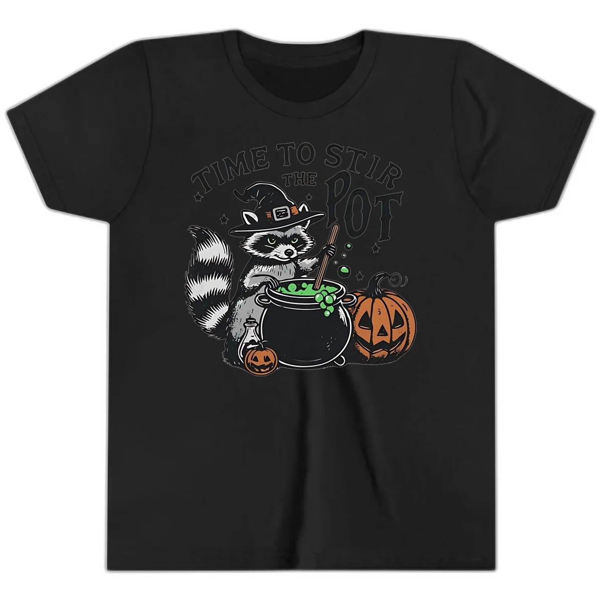 Raccoon Stirring Up Halloween Trouble Youth T-Shirt in Black