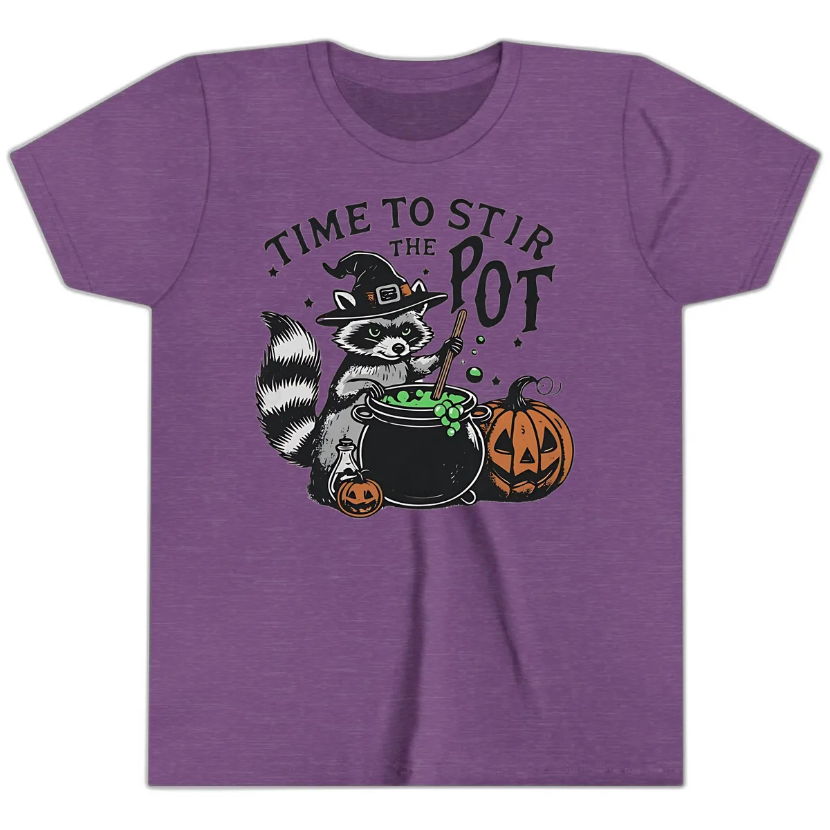 Raccoon Stirring Up Halloween Trouble Youth T-Shirt in Heather Team Purple