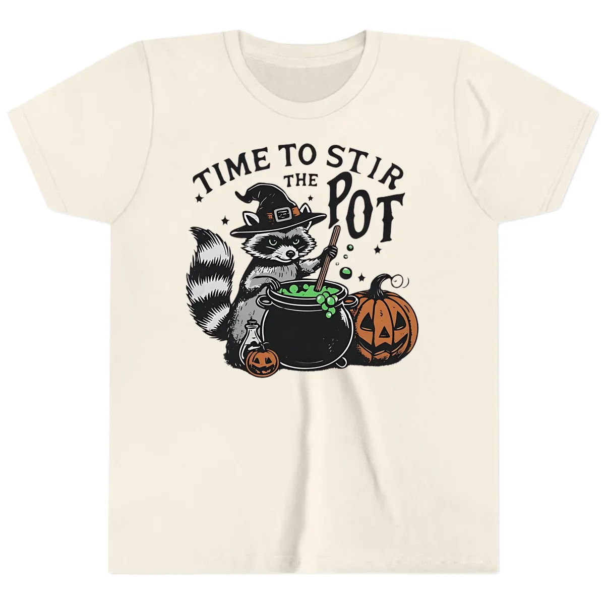 Raccoon Stirring Up Halloween Trouble Youth T-Shirt in Natural