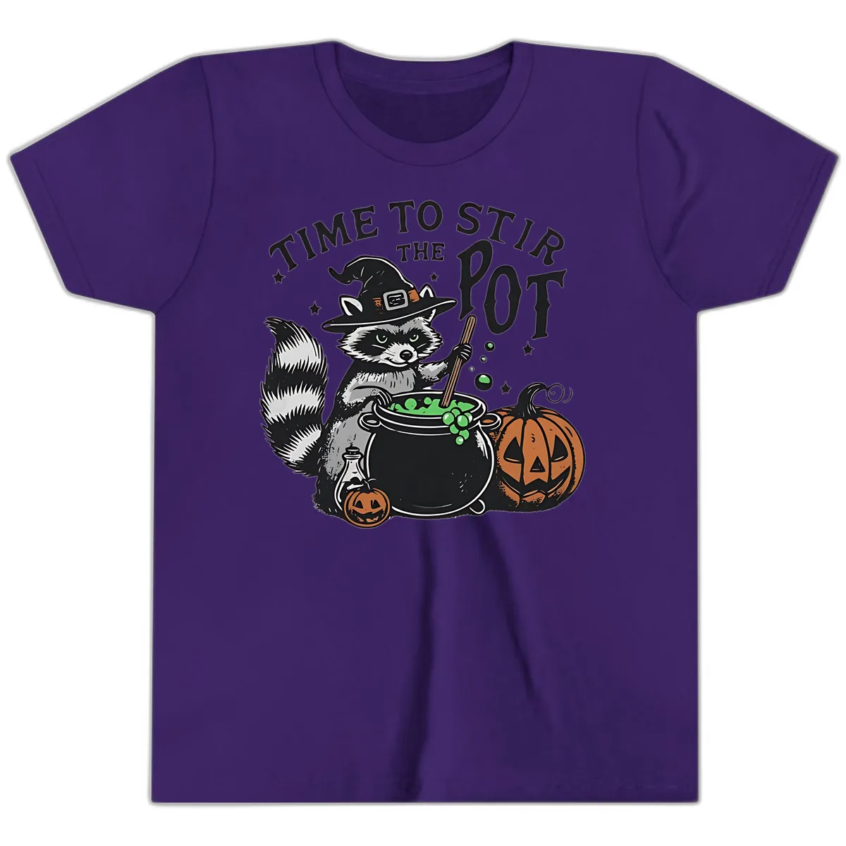 Raccoon Stirring Up Halloween Trouble Youth T-Shirt in Team Purple