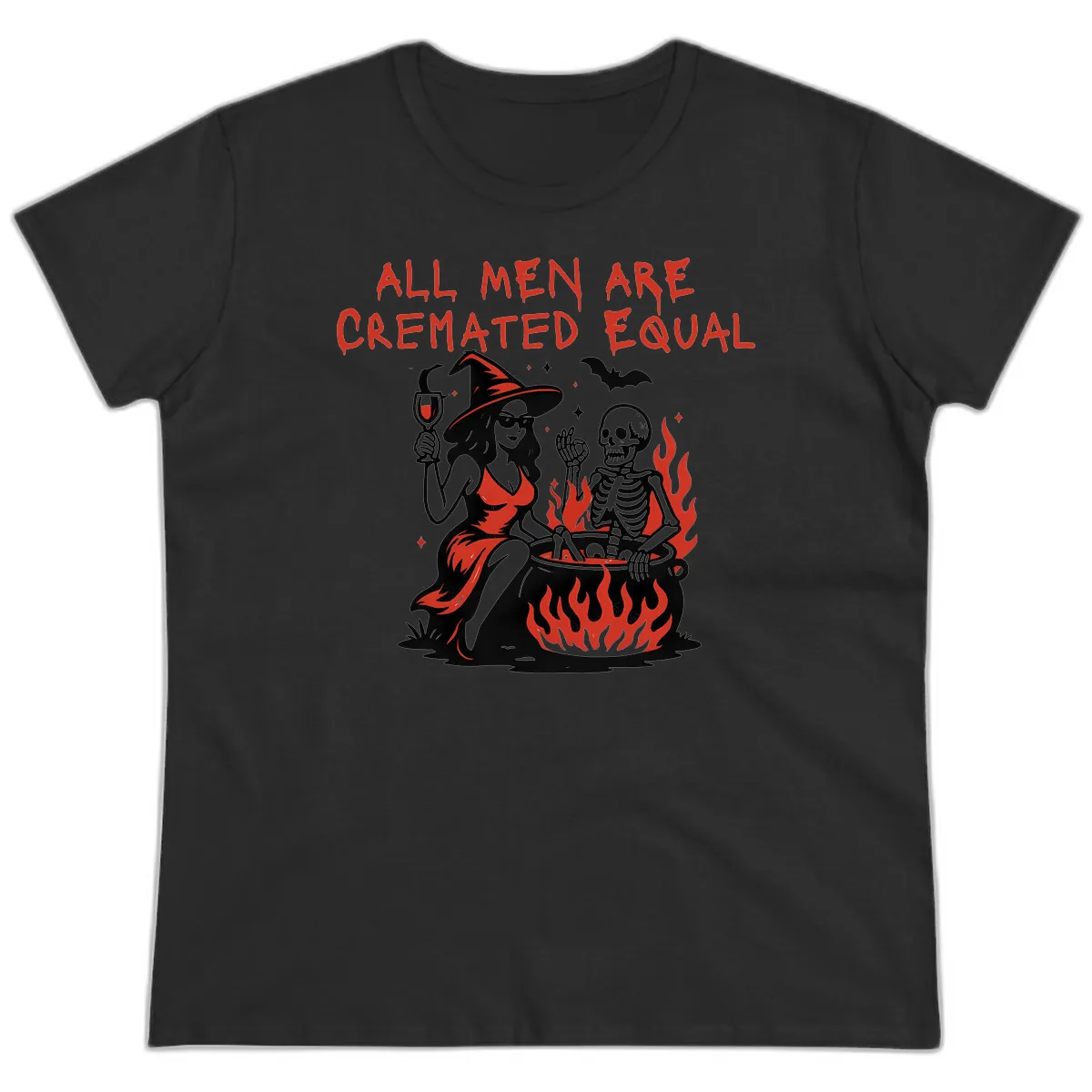 All Men Are Cremated Equal Halloween Ladies Tee in Black