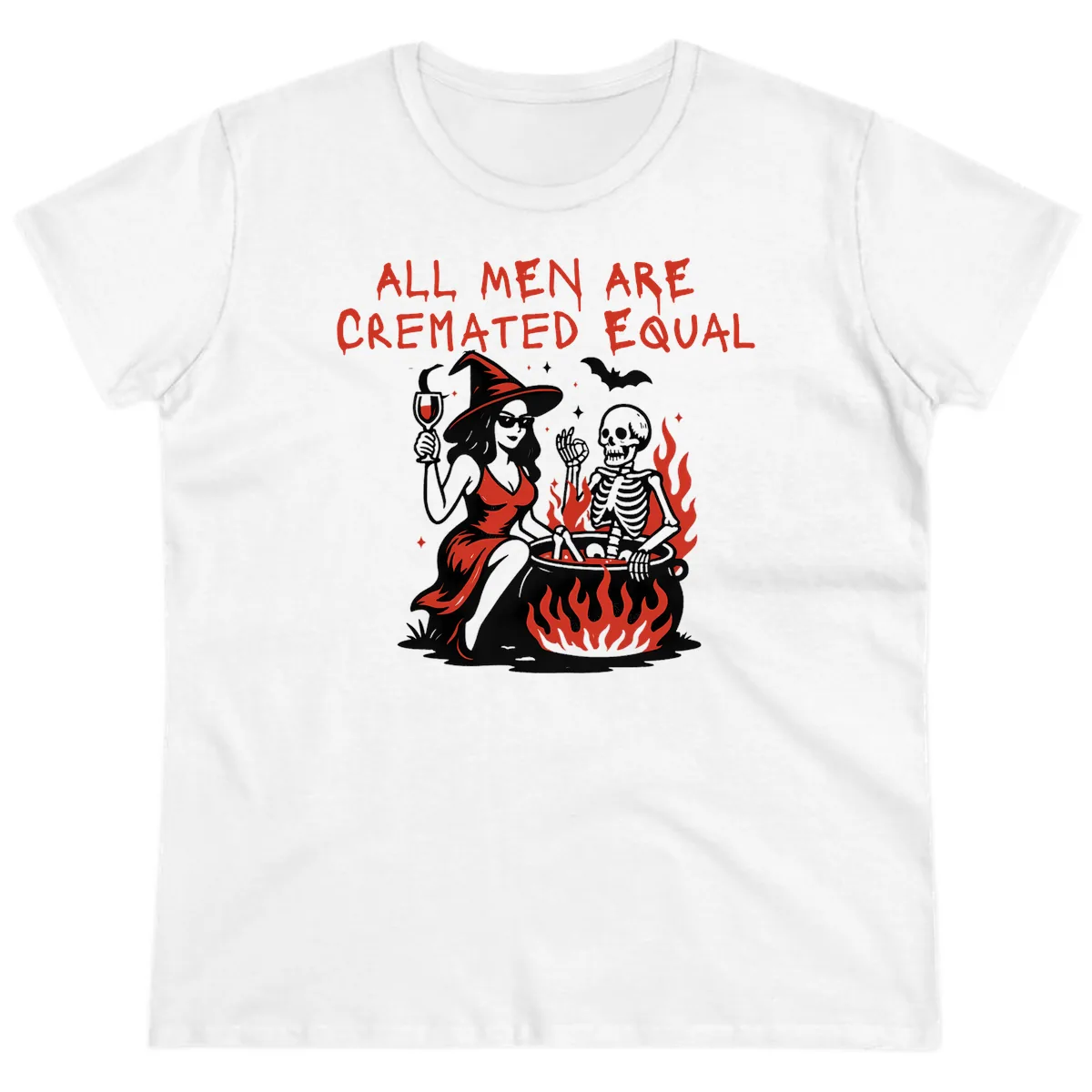 All Men Are Cremated Equal Halloween Ladies Tee in White