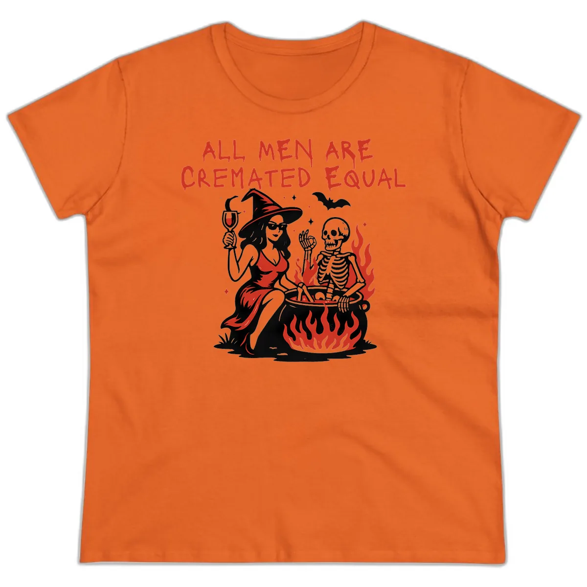 All Men Are Cremated Equal Halloween Ladies Tee in Orange