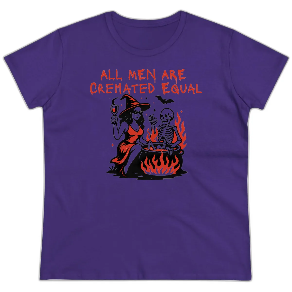 All Men Are Cremated Equal Halloween Ladies Tee in Purple