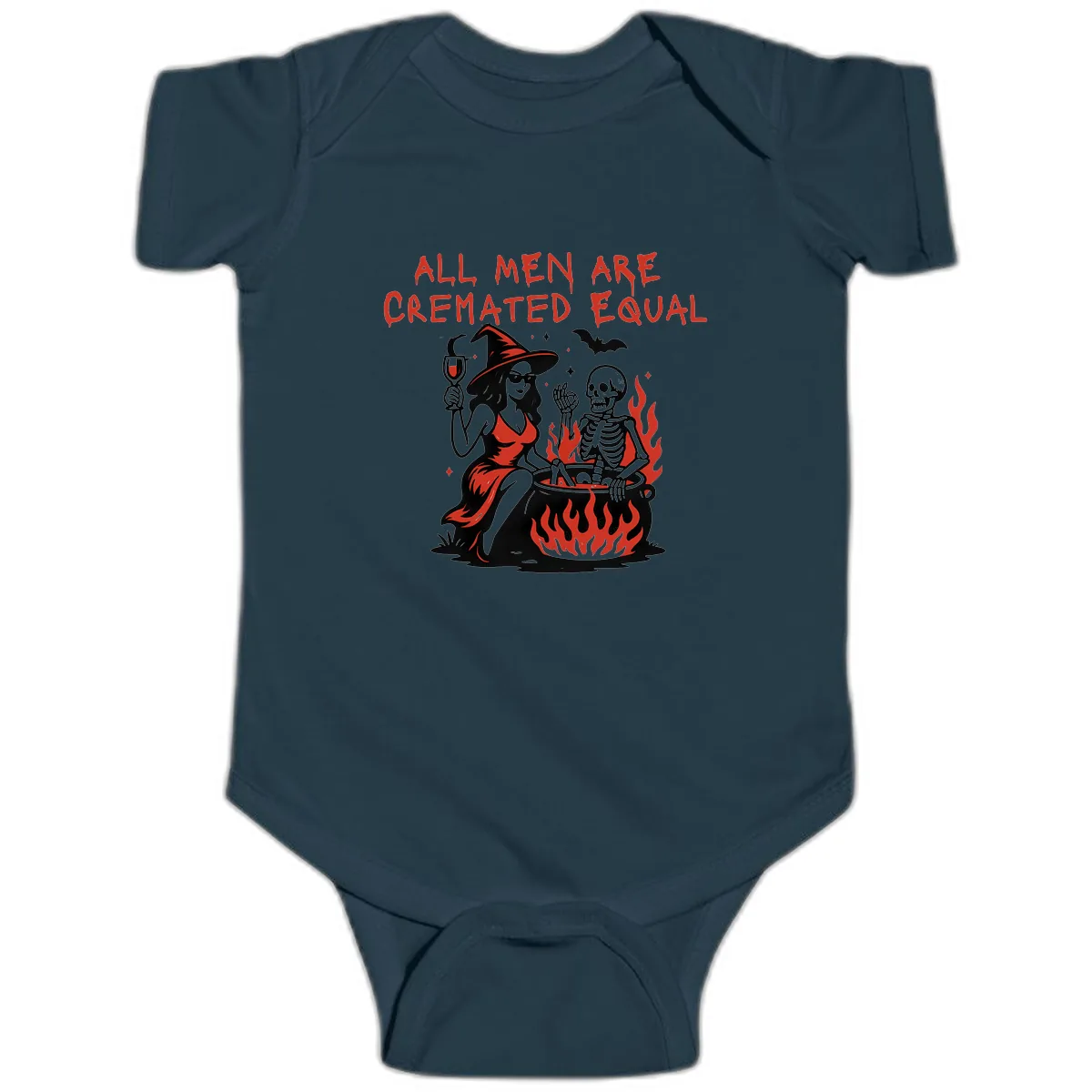 All Men Are Cremated Equal Halloween Baby Onesie in Navy