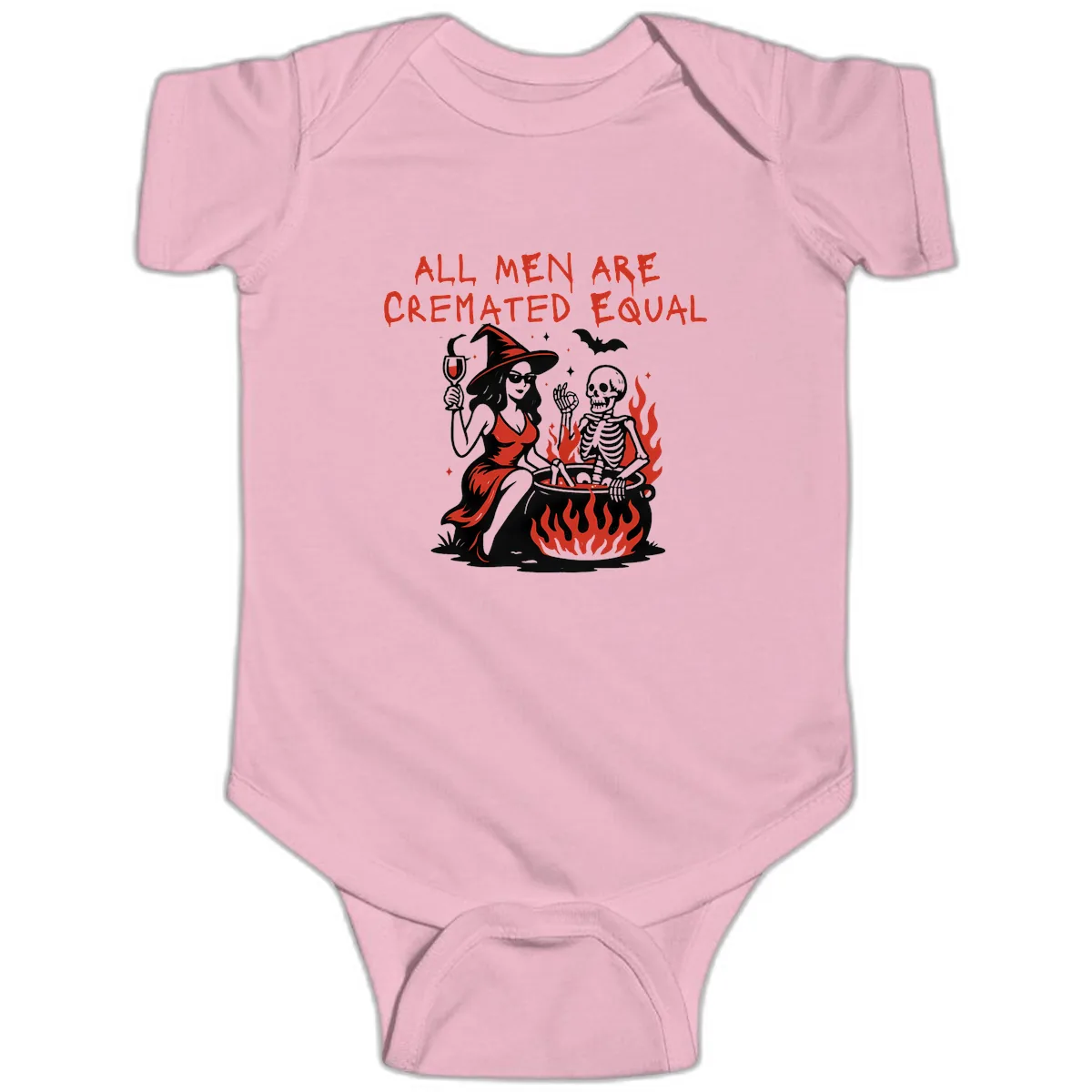 All Men Are Cremated Equal Halloween Baby Onesie in Pink