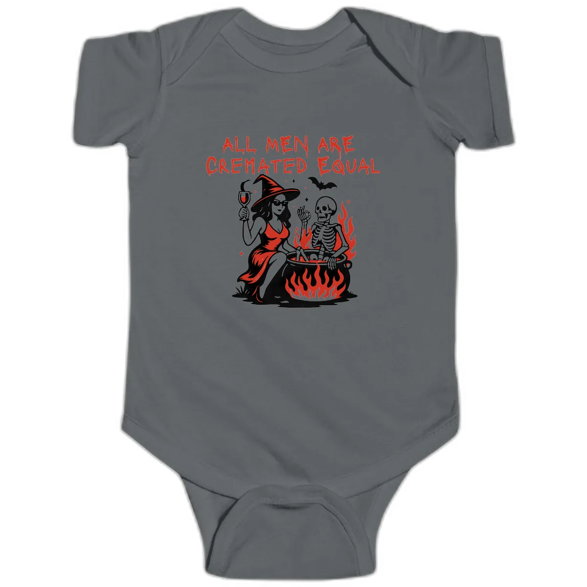 All Men Are Cremated Equal Halloween Baby Onesie in Charcoal
