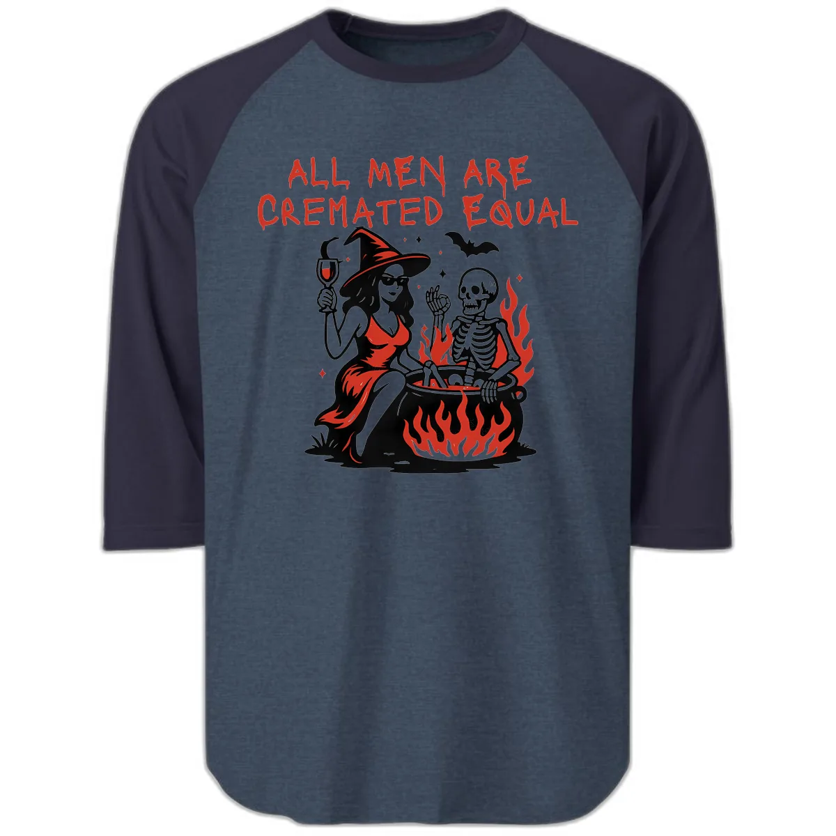 All Men Are Cremated Equal Halloween Raglan 3/4 in Heather Denim Navy