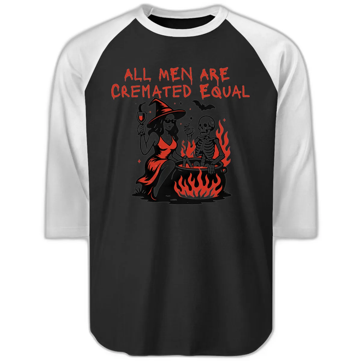 All Men Are Cremated Equal Halloween Raglan 3/4 in Black White