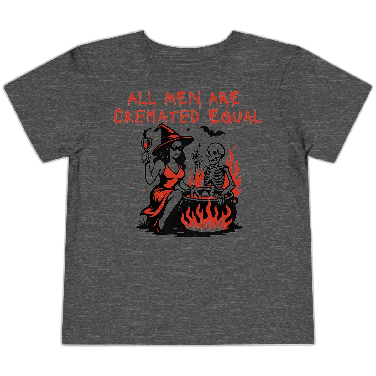 All Men Are Cremated Equal Halloween Toddler T-Shirt in Dark Heather Grey