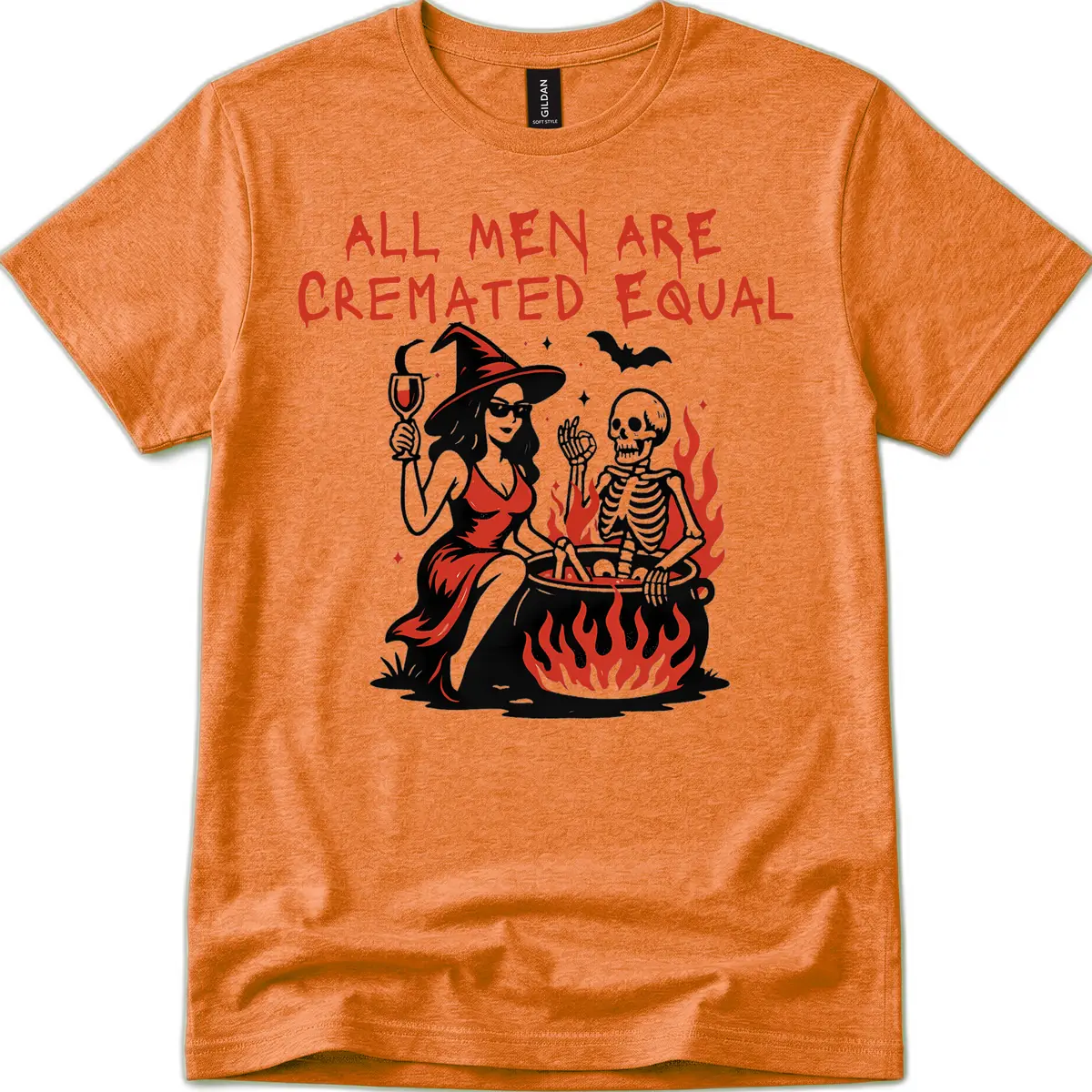 All Men Are Cremated Equal Halloween T-Shirt in Heather Orange