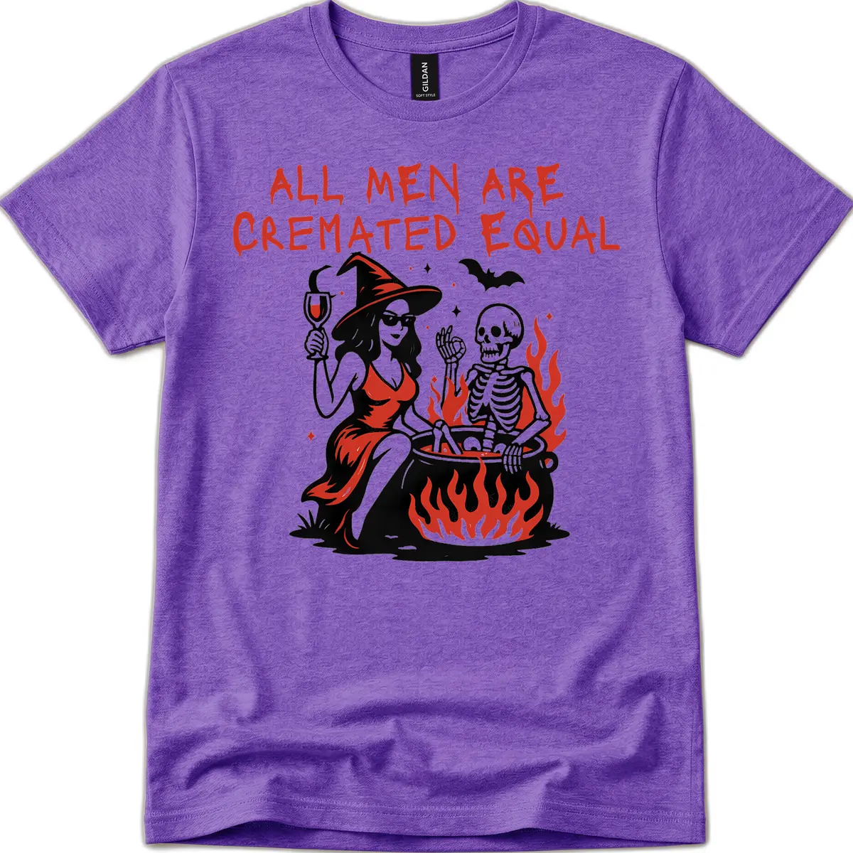 All Men Are Cremated Equal Halloween T-Shirt in Heather Purple