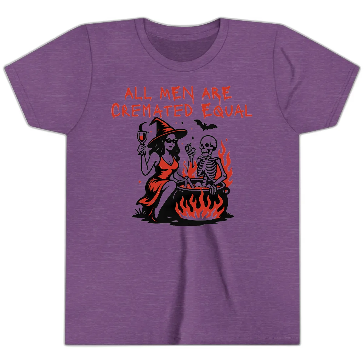 All Men Are Cremated Equal Halloween Youth T-Shirt in Heather Team Purple