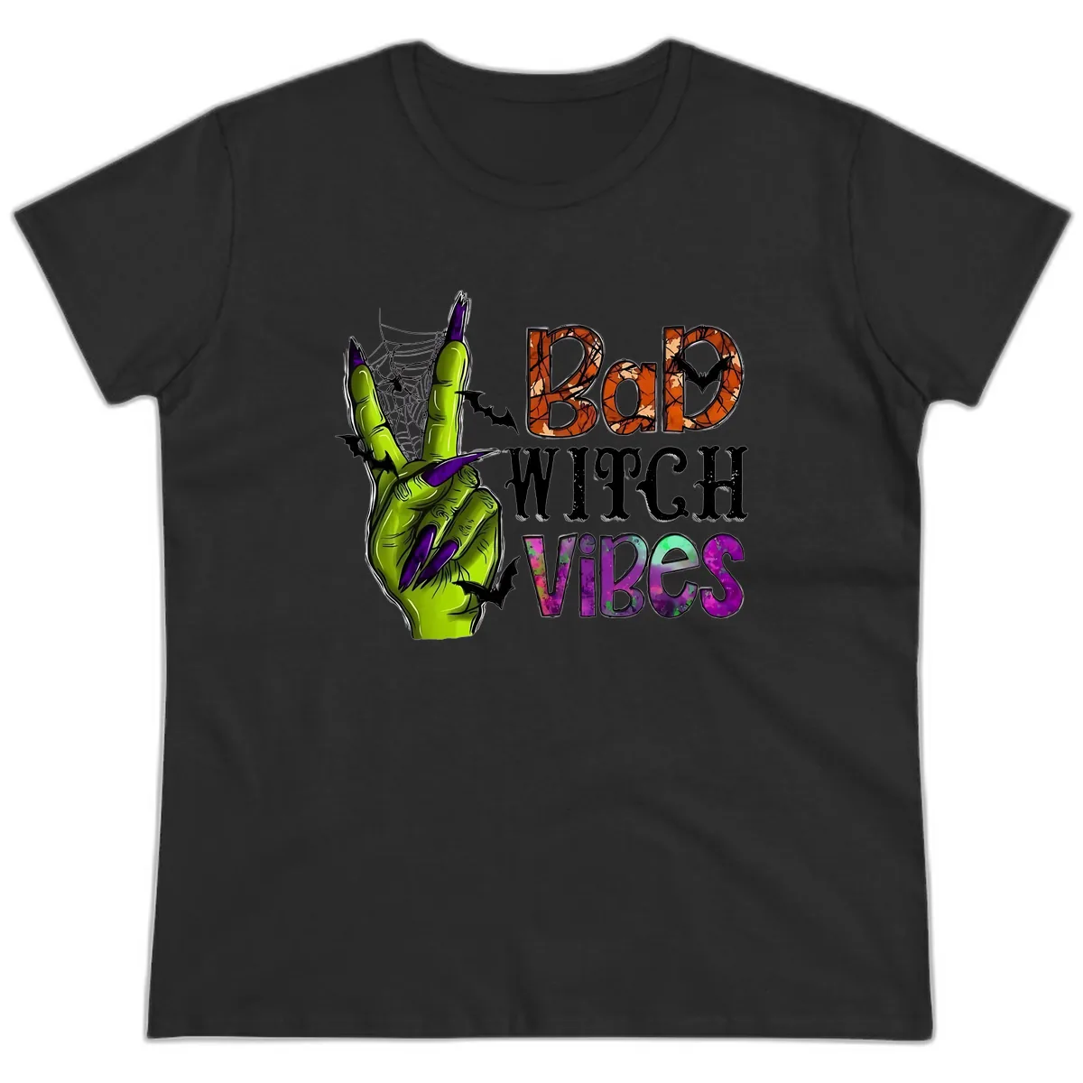 Bad Witch Vibes Halloween Graphic Ladies Tee in Black