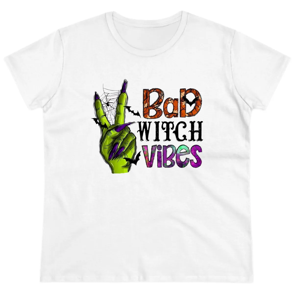 Bad Witch Vibes Halloween Graphic Ladies Tee in White