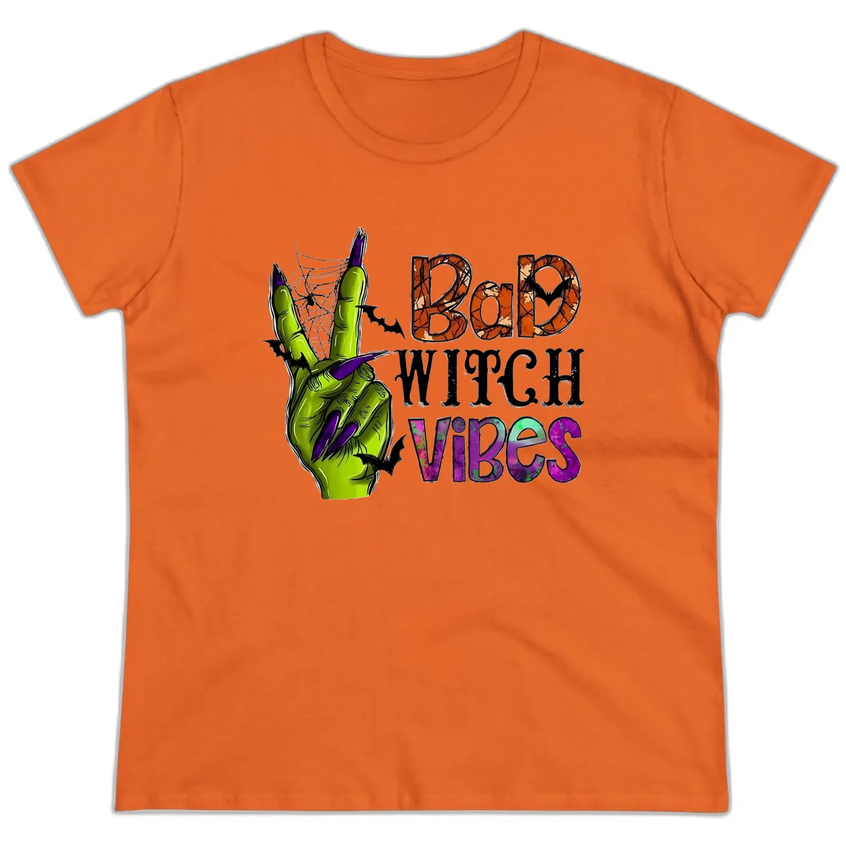 Bad Witch Vibes Halloween Graphic Ladies Tee in Orange