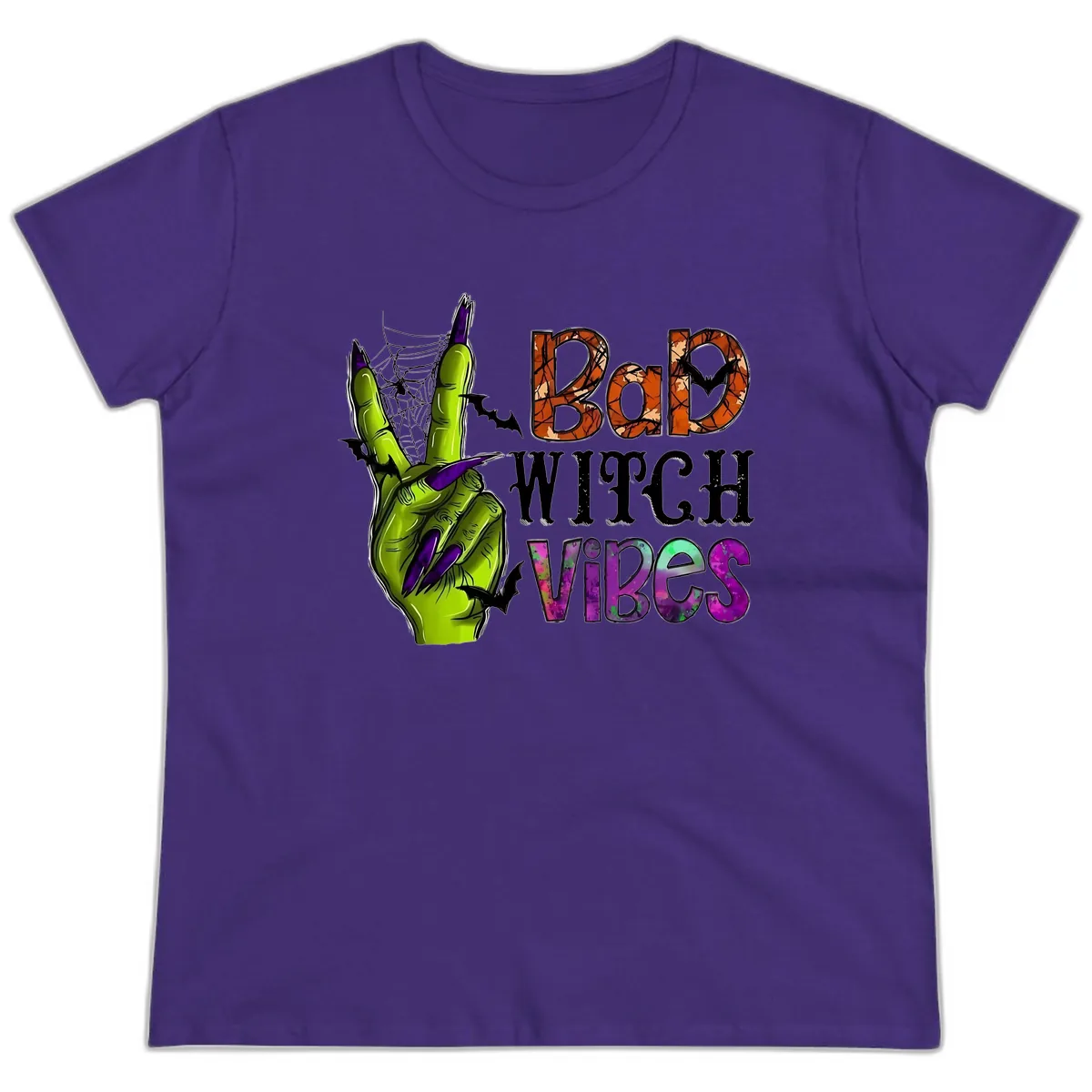 Bad Witch Vibes Halloween Graphic Ladies Tee in Purple