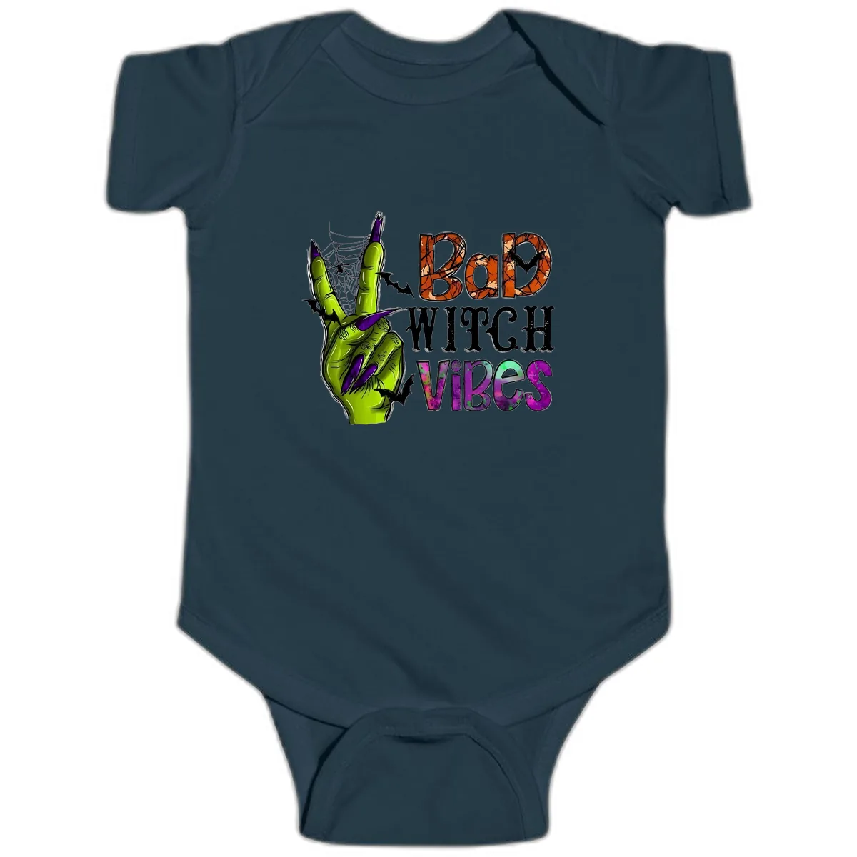 Bad Witch Vibes Halloween Graphic Baby Onesie in Navy