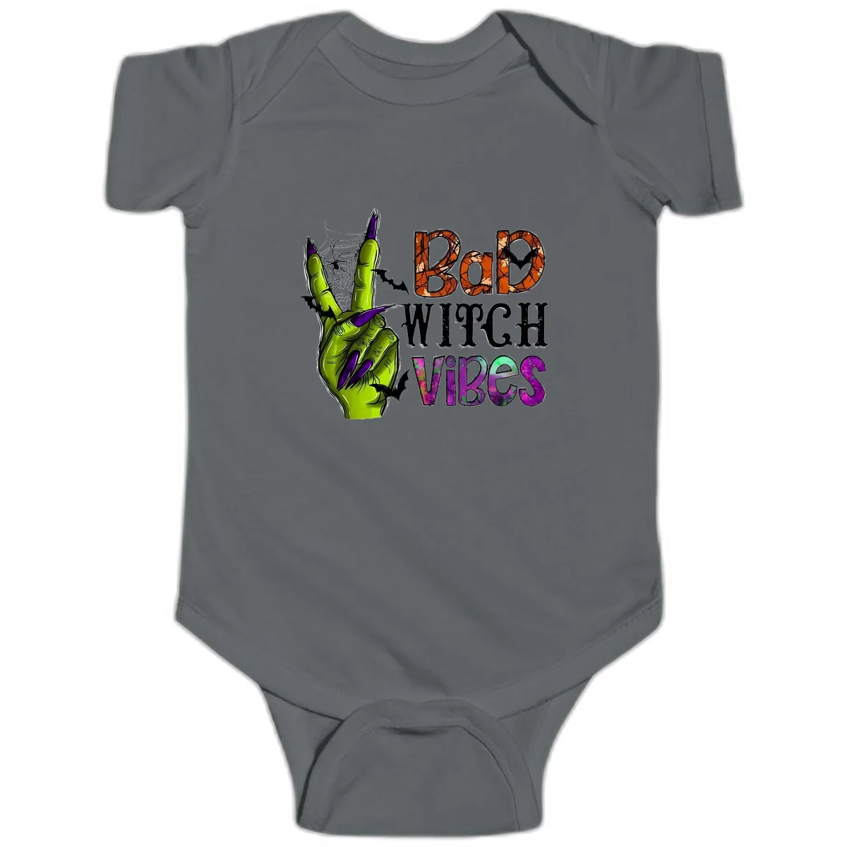 Bad Witch Vibes Halloween Graphic Baby Onesie in Charcoal