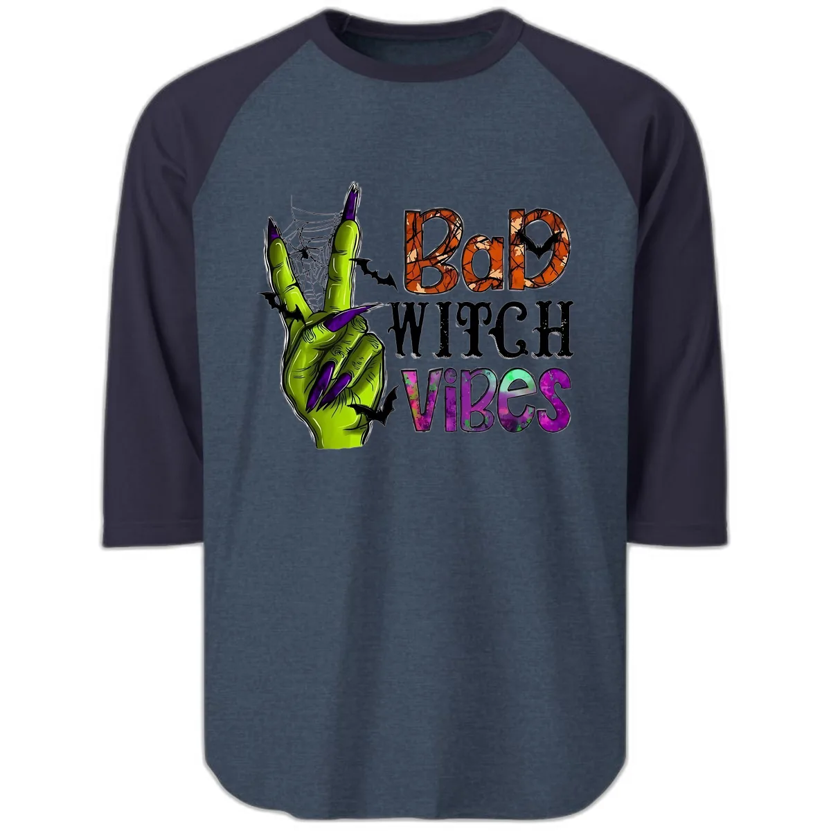 Bad Witch Vibes Halloween Graphic Raglan 3/4 in Heather Denim Navy