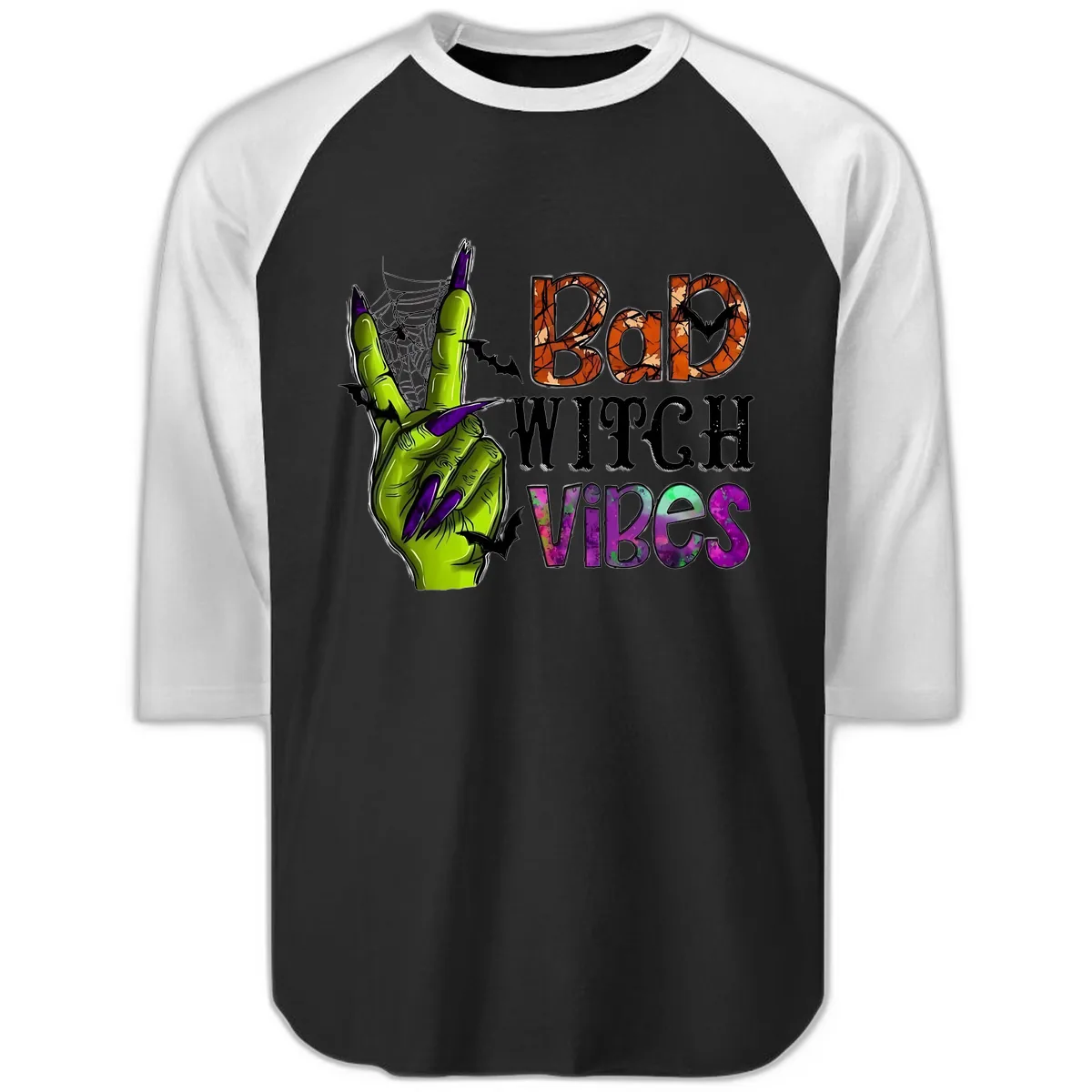 Bad Witch Vibes Halloween Graphic Raglan 3/4 in Black White