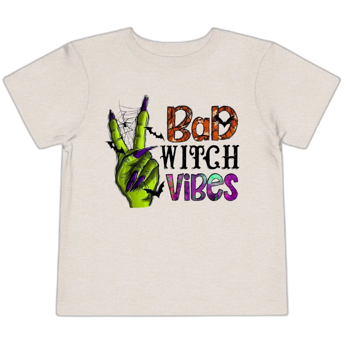 Bad Witch Vibes Halloween Graphic Toddler T-Shirt in Heather Dust