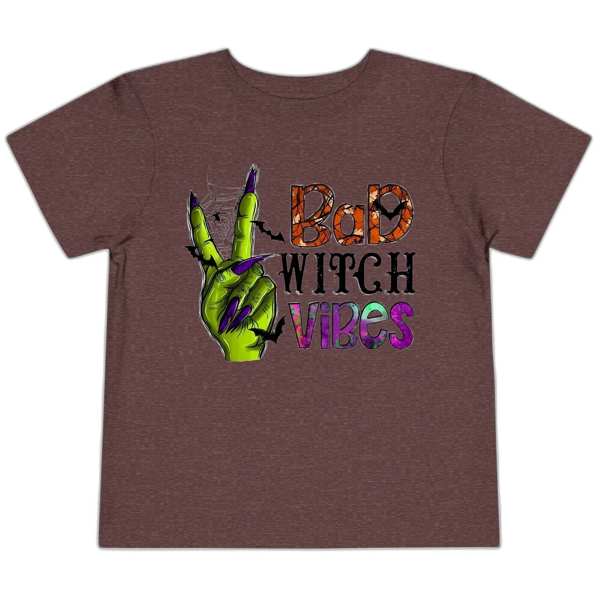 Bad Witch Vibes Halloween Graphic Toddler T-Shirt in Heather Maroon