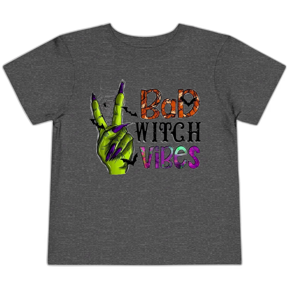 Bad Witch Vibes Halloween Graphic Toddler T-Shirt in Dark Heather Grey