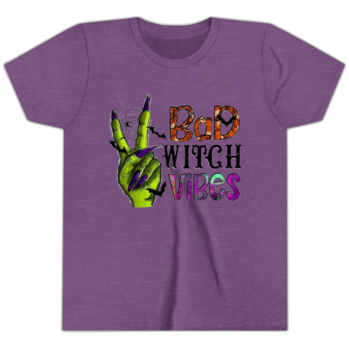 Bad Witch Vibes Halloween Graphic Youth T-Shirt in Heather Team Purple
