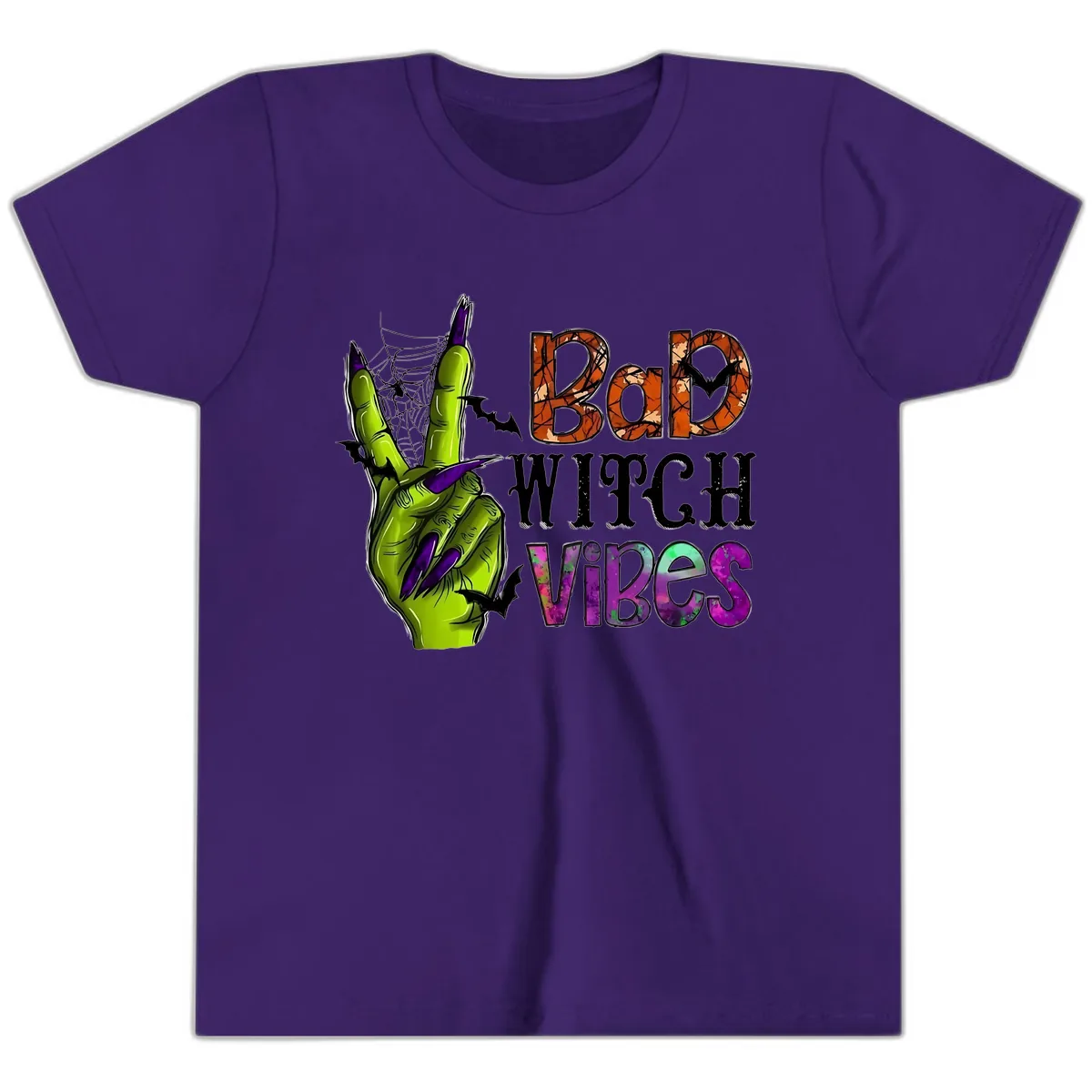 Bad Witch Vibes Halloween Graphic Youth T-Shirt in Team Purple