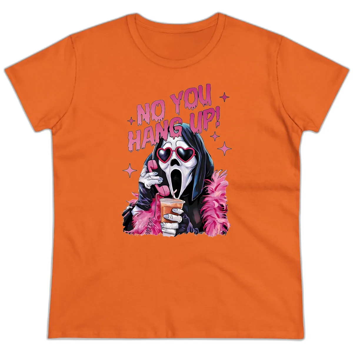 Ghostface Hang Up Halloween Design Ladies Tee in Orange