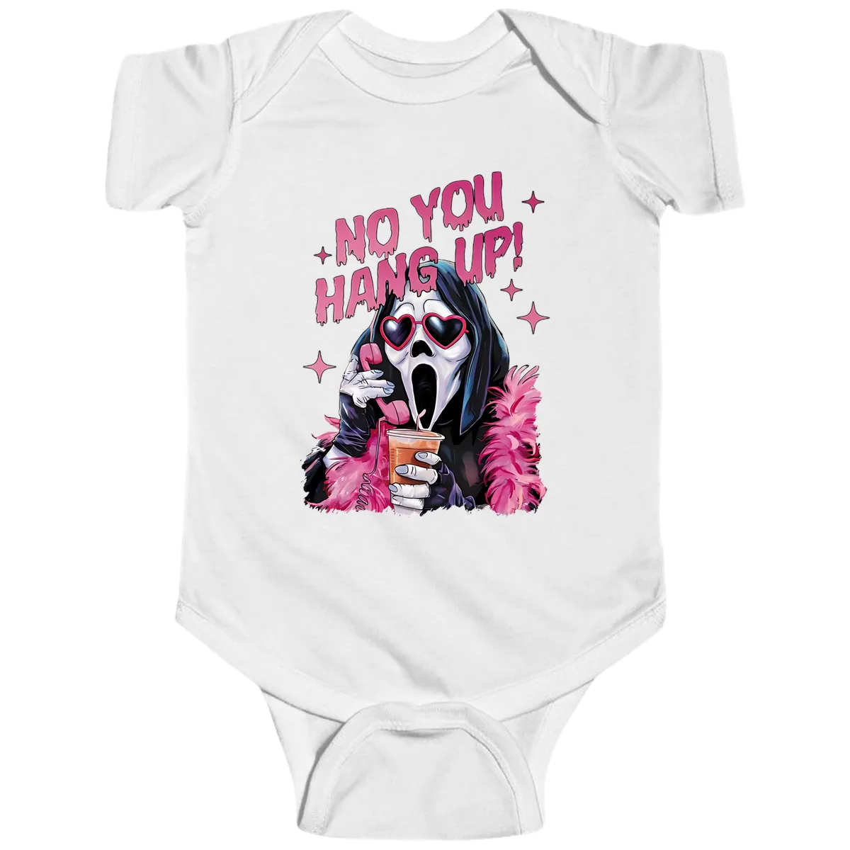 Ghostface Hang Up Halloween Design Baby Onesie in White