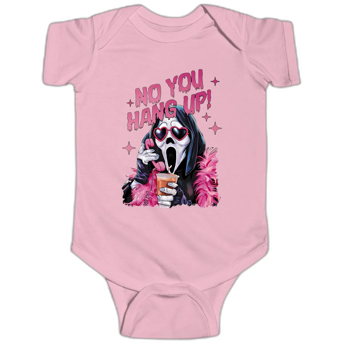Ghostface Hang Up Halloween Design Baby Onesie in Pink
