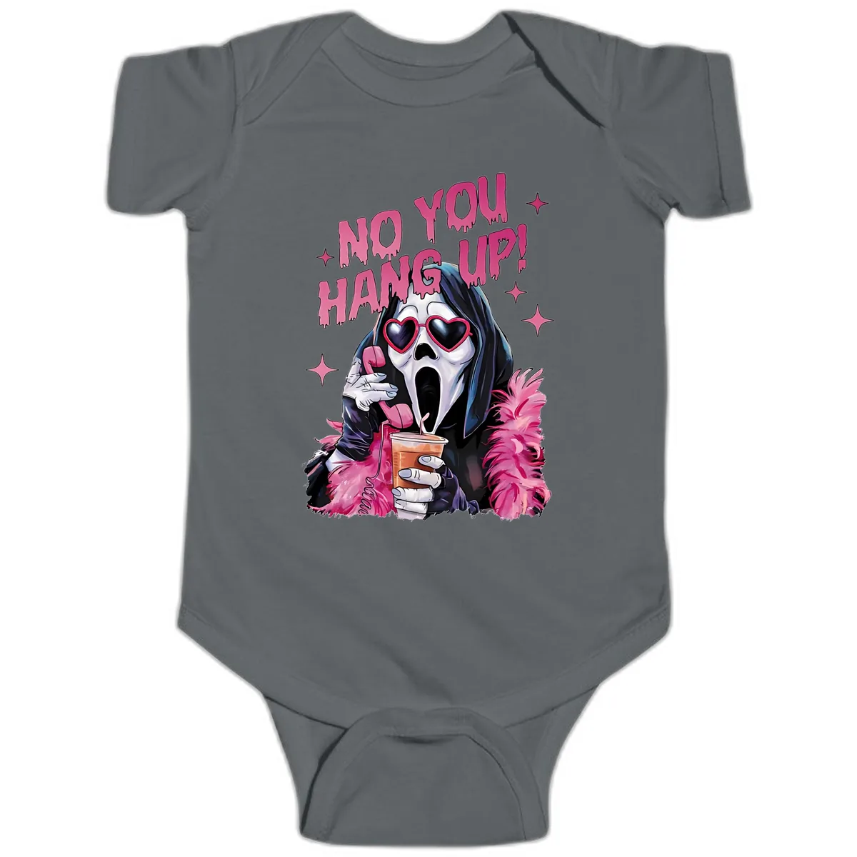 Ghostface Hang Up Halloween Design Baby Onesie in Charcoal