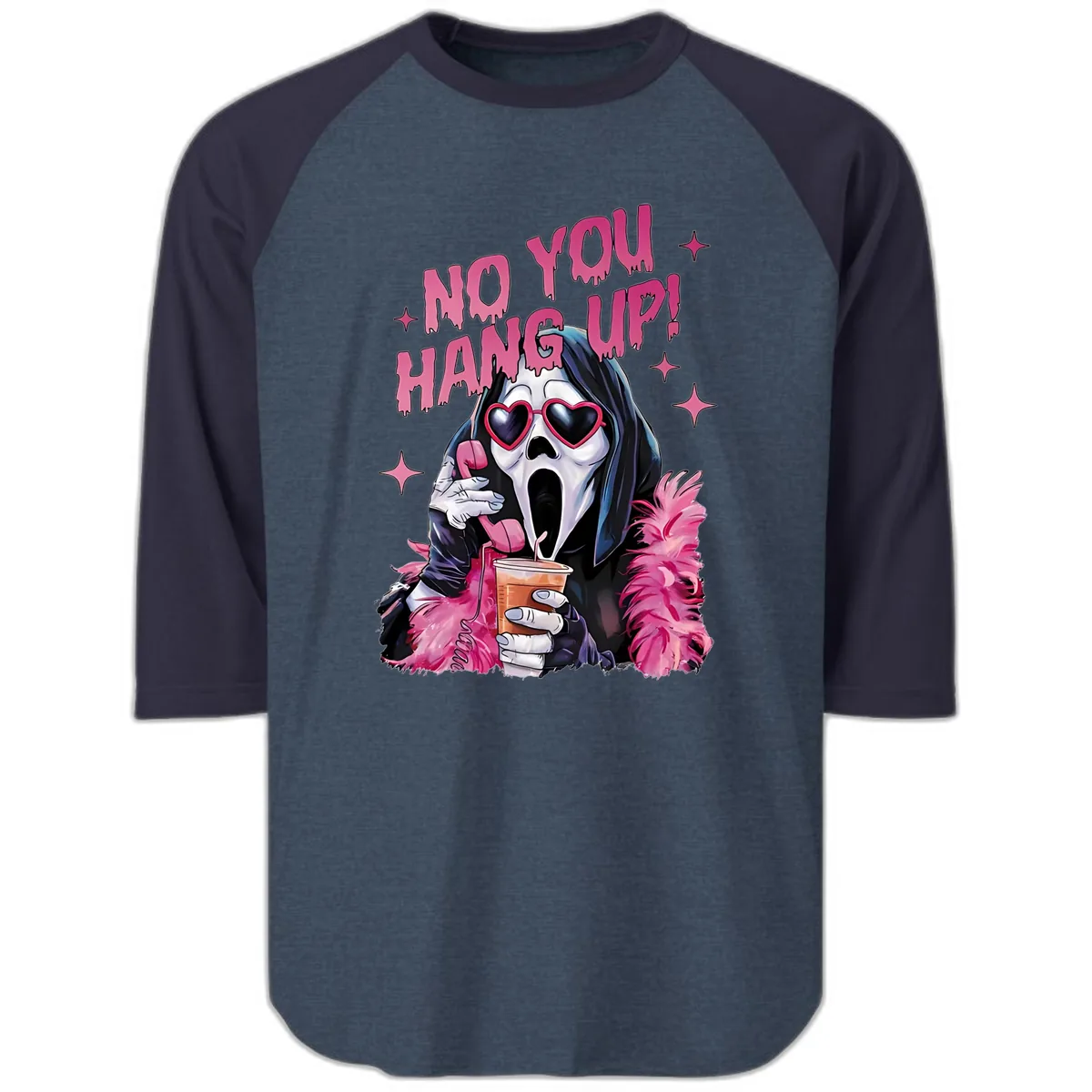 Ghostface Hang Up Halloween Design Raglan 3/4 in Heather Denim Navy
