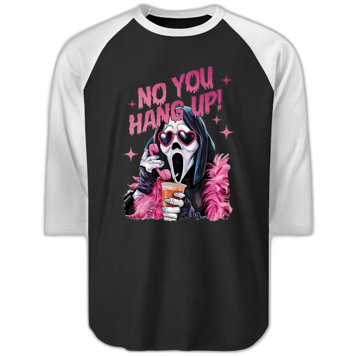 Ghostface Hang Up Halloween Design Raglan 3/4 in Black White