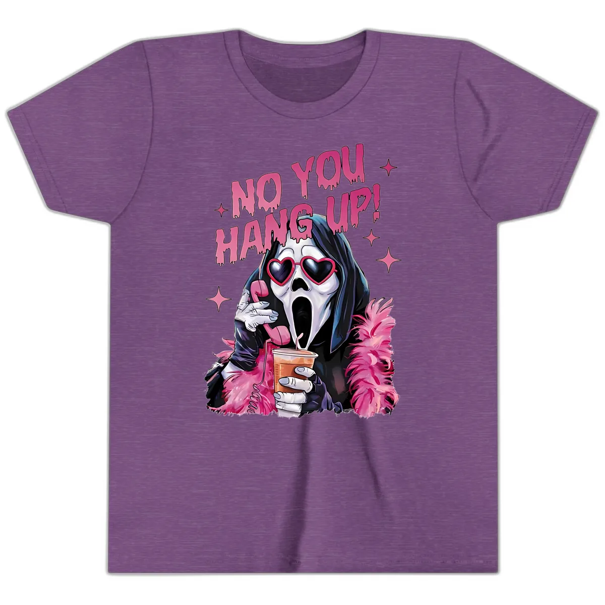 Ghostface Hang Up Halloween Design Youth T-Shirt in Heather Team Purple