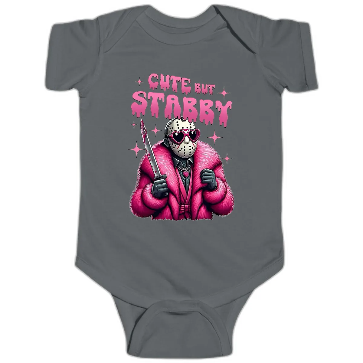 Cute But Stabby Halloween Mask Design Baby Onesie in Charcoal