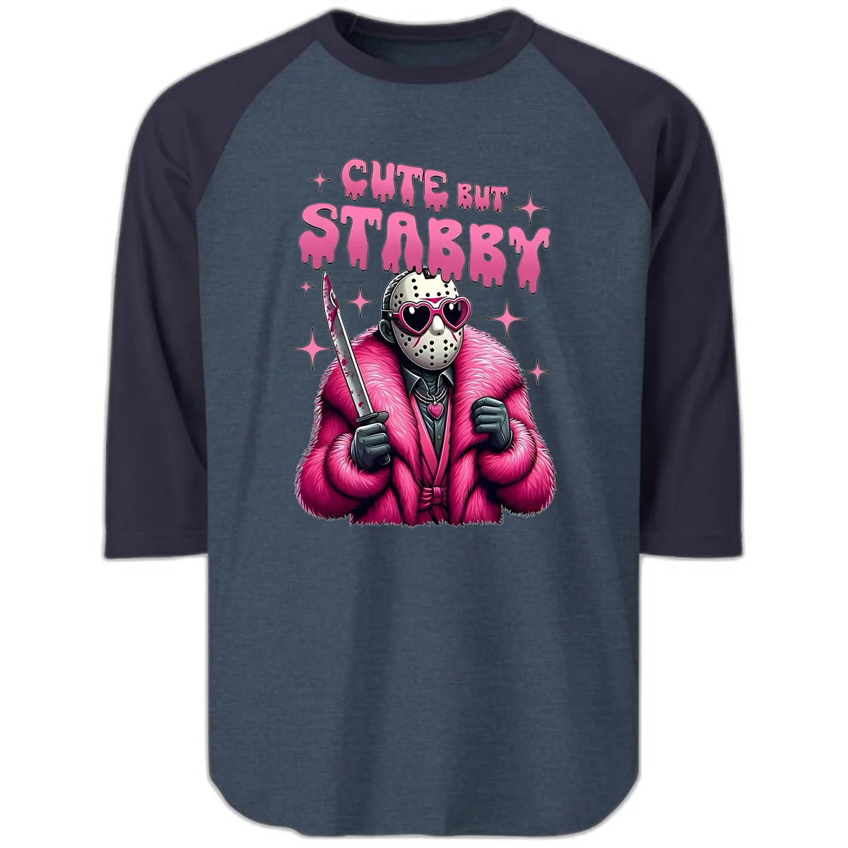 Cute But Stabby Halloween Mask Design Raglan 3/4 in Heather Denim Navy